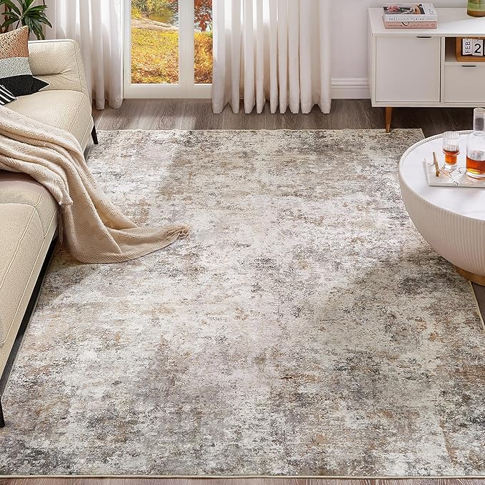 UERMEI 10x12 Area Rug Living Room Rugs - Washable Neutral Modern Abstract Soft Thin Large Rug Indoor Floor No Slip Rug Carpet for Bedroom Under Dining Table Home Office Decor - Brown Grey