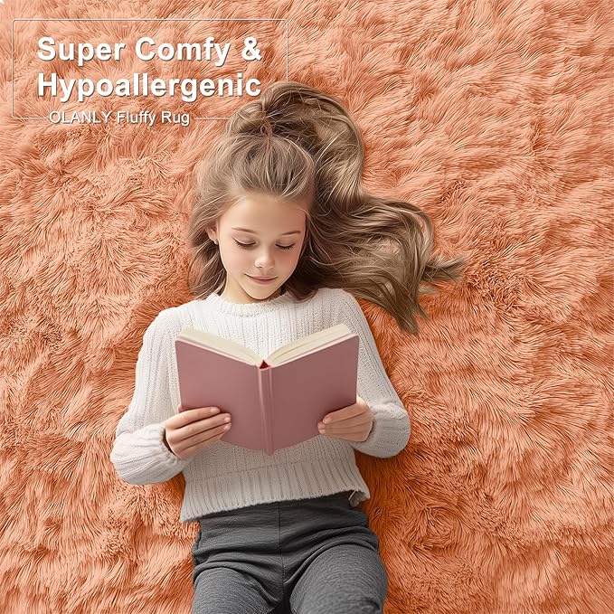 OLANLY 8x10 Machine Washable Large Area Rugs for Living Room, Bedroom, Soft Fluffy Shaggy Bedside Rug, Indoor Floor Carpet for Kids Girls and Boys, Dorms, Nursery, Home Decor Aesthetic, Muted Orange