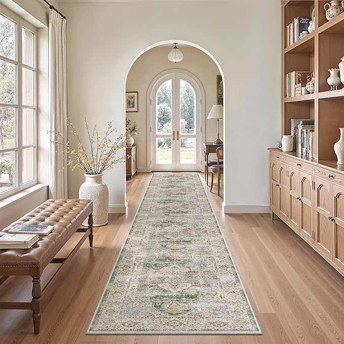 Madane Hallway Runner Rug 2x12, Extra Long Washable Runner Rugs with Rubber Backing, Non Slip Carpet Runner for Hallway, Vintage Rug Runners for Kitchen Laundry Room Entryway (Green, 2'x12')