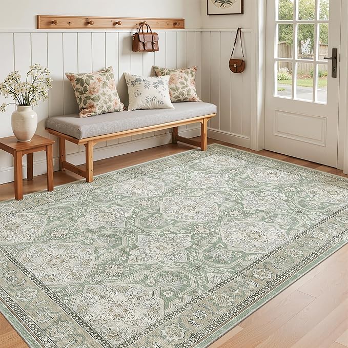 4x6 Area Rugs for Living Room, Vintage Washable Rugs for Dining Room, Bedroom, Home Office Decor, Non-Slip Green/Brown Carpet Thin Rug