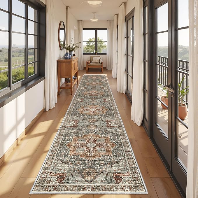 Hallway Runner Rug 2x12, Extra Long Washable Runner Rugs with Rubber Backing, Non Slip Runner, Vintage Rug Runners for Kitchen Laundry Room Entryway (Grey/Brown/Tan,2'x12')
