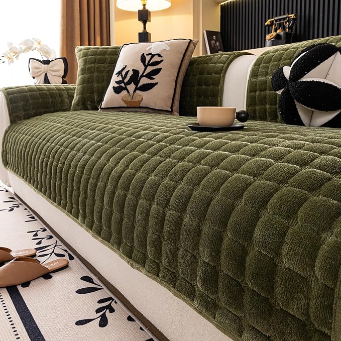 Velvet Couch Cover, Washable Sectional Sofa Cover, Anti Slip Sofa Slipcover for 3 Cushion Couch Sofa L Shaped Armrest Backrest, Furniture Protector Covers for Pets Kids(1PC,Green,36"×83")
