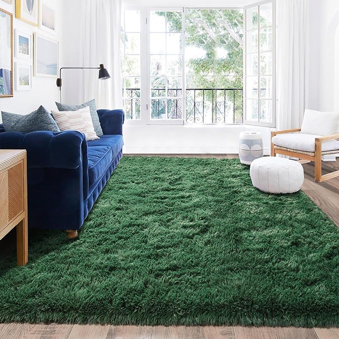 Rugs for Living Room 8x10, Soft Shaggy Modern Shag Area Rug for Bedroom, Upgrade Non-Slip Plush Fluffy Carpet for Kids Boys Girls Room Home Decor Aesthetic, Blackish Green