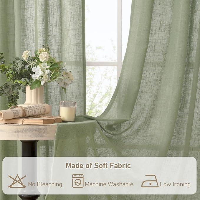 LAMIT Sage Green Semi Sheer Window Linen Curtains, 54 Inch Length Light Filtering Panels Back Tab and Rod Pocket Neutral Drapes for Bedroom/Living Room, 2 Panels, 34 x 54 Inch