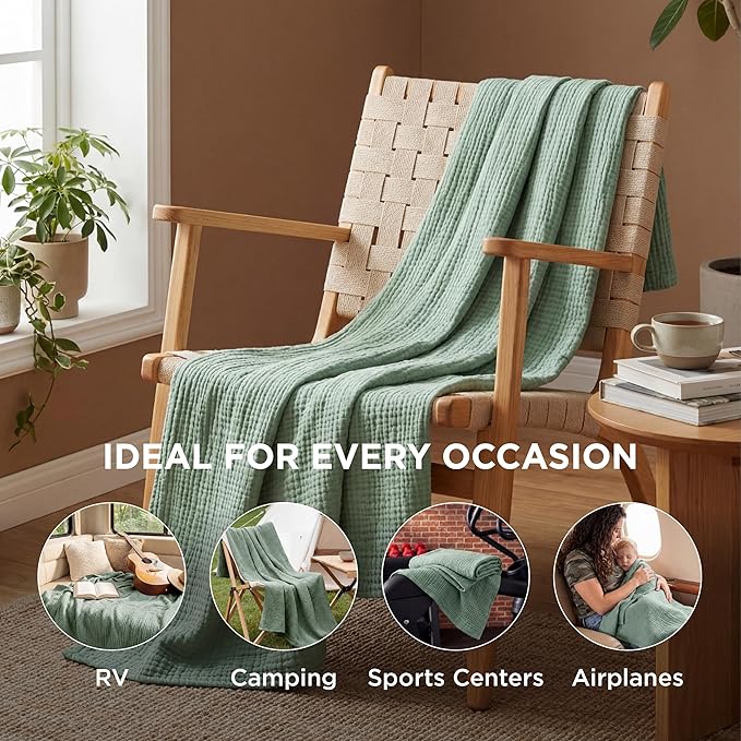 Bedsure 100% Cotton Muslin Throw Blanket Large 50x70 Inches - 4-Layer Breathable and Lightweight Thin Soft Summer Gauze Muslin Blankets for Adults, Sage Green, Boho Cotton Throw for Couch