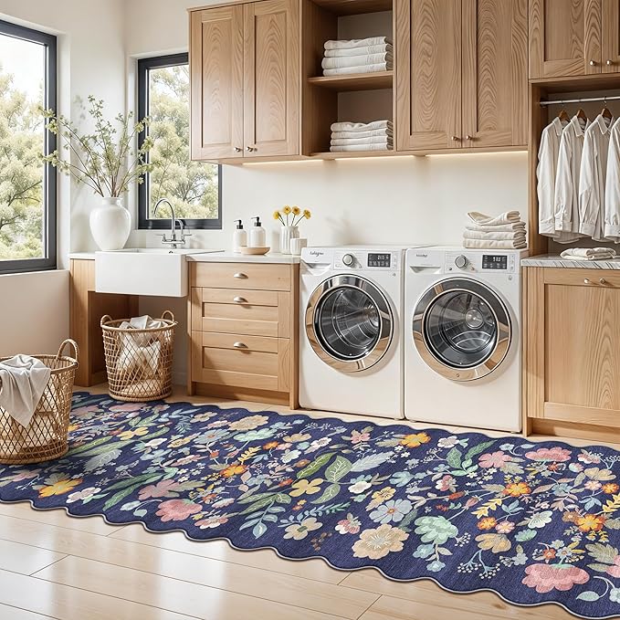 Washable Non-Slip Runner Rug 2x8: Water-Resistant Floral Kitchen Rug Indoor Low Pile Floor Mat for Living Room Bedroom Dining Room Ultra Soft Stain-Resistant Carpet for Pets Kids Family(2x8,Purple)