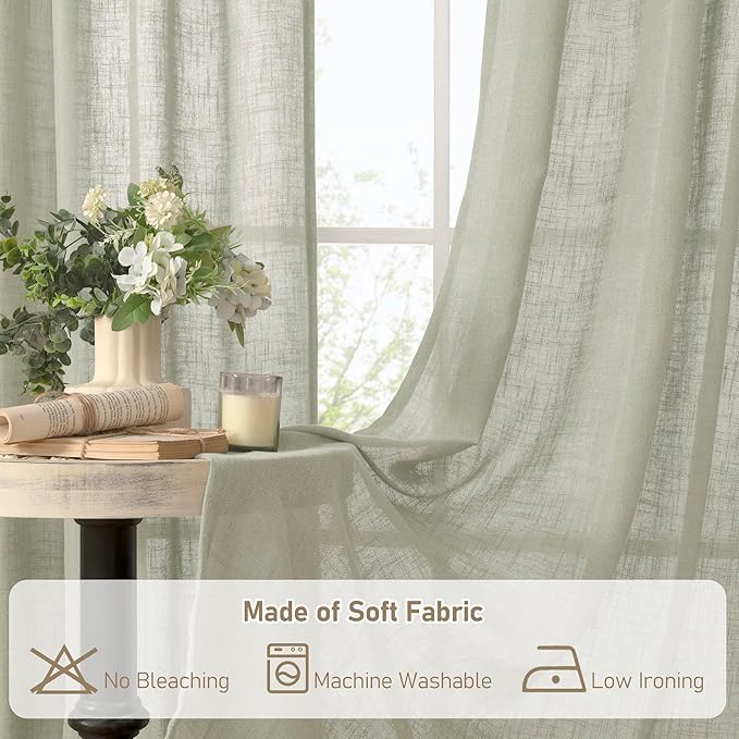 LAMIT Sage Grey Sheer Linen Curtains, 108 inch Light Filtering Semi Sheer Panels Back Tab and Rod Pocket Farmhouse Rust Drapes for Bedroom/Living Room, 2 Panels, 52 x 108 Inch