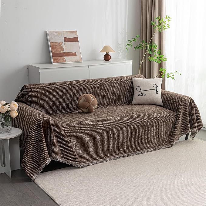 MYSKY HOME Boho Couch Cover Deep Chocolate Sofa Covers with Tassel Farmhouse Sofa Slipcover Simple Couch Protector for Dogs Chenille Sectional Couch Covers L Shaped Couch Cushion Covers, 71"x 134"