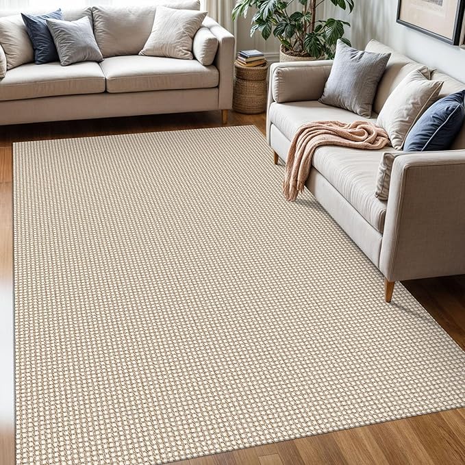 KOZYFLY Washable Area Rug 5x7 ft Rubber Backed Non Slip Rugs for Living Room Braided Cotton Bedroom Rug Woven Office Rugs Indoor Outdoor Floor Carpets for Dining Bedroom Living Room, Ivory/Khaki
