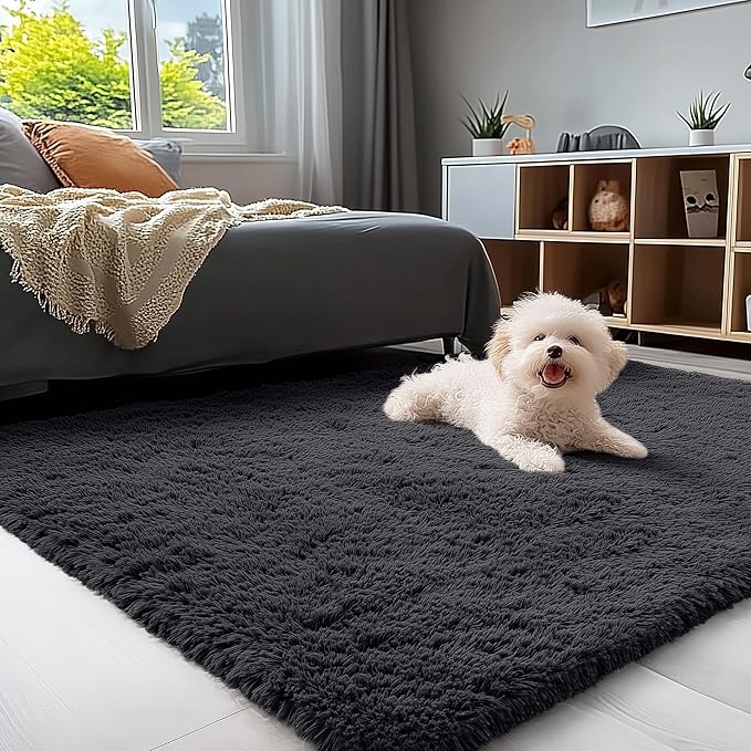 OLANLY 4x8 Area Rugs for Living Room Bedroom, Machine Washable Soft Fluffy Shaggy Bedside Rug, Indoor Floor Carpet for Kids Girls and Boys, Dorms, Nursery Rooms, Home Decor Aesthetic, Black