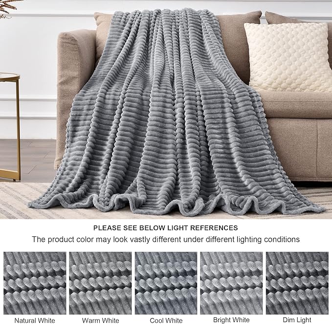 BEDELITE Fleece Blanket Queen Size – 3D Ribbed Jacquard Soft and Warm Decorative Fuzzy Blankets – Cozy, Fluffy, Plush Lightweight Throw Blankets for Couch, Bed, Sofa(Grey, 90x90 inches)