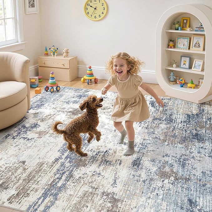 UERMEI 9x12 Area Rug Living Room Rugs Thickened - Washable Neutral Modern Abstract Soft Rug Indoor Floor No Slip Rug Carpet for Bedroom Under Dining Table Home Office Decor - Denim Blue