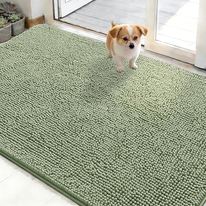 OLANLY Dog Door Mat for Muddy Paws 50x30, Absorbs Moisture and Dirt, Absorbent Non-Slip Washable Doormat, Quick Dry Chenille Mud Mat, Entry Indoor Entryway Carpet for Inside Floor, Sage Green