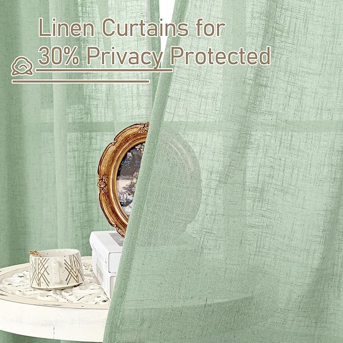 LAMIT Semi Sheer Window Linen Curtains 63 Inch Length, Light Filtering Panels Back Tab and Rod Pocket Country Decor Drapes for Bedroom/Living Room, Fresh Green, 2 Panels, 34 x 63 Inch