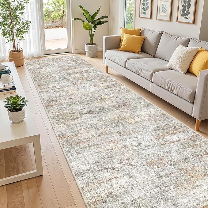 Kitchen Runner Rugs Non Skid Washable - 2.5 x 10 Runner Rug with Anti Slip Backing, Ultra-Thin Soft Rug Runner for Hallway, Bedroom, Living Room (2.5'x10', Grey/Rust)