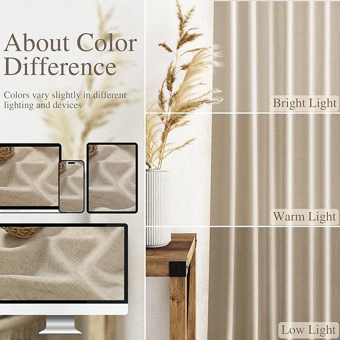 Taupe Burlywood Linen Curtains for Living Room 126 Inches Long Light Filtering Semi Sheer Curtain Back Tab Modern Farmhouse Decor Drapes Floor to Ceiling High Window for Bedroom 52x126, 2 Panels