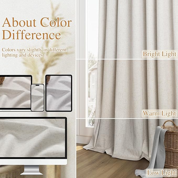 Guken Light Beige Extra Long 100% Blackout Curtains 120 Inch Length 2 Panels Set for Living Room Bedroom Back Tab Thermal Insulated Black Out Linen Drapes Room Darkening Window Curtain, 52x120