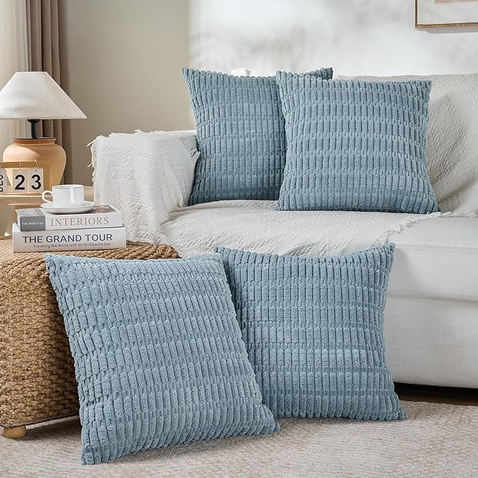 Fancy Homi 4 Packs Boho Light Blue Decorative Throw Pillow Covers 20x20 Inch for Couch Bed Sofa, Rustic Modern Farmhouse Home Decor, Soft Plush Corduroy Square Cute Cushion Case 50x50 cm