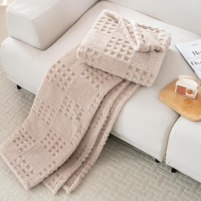 50x70 Inch Waffle Brown Throw Blanket -Fluffy Fleece, Neutral Tan Color, Cute & Aesthetic, Perfect for Sofa, Couch, Chair, Bed, Living Room & Bedroom, All-Season Use, Plush & Cozy Decorative Blanket