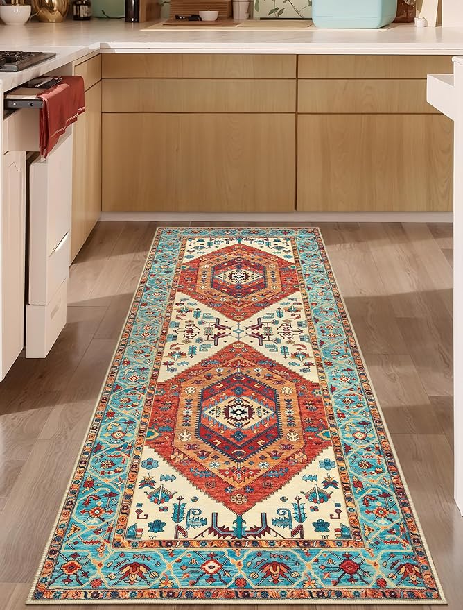 SERISSA Boho Washable Runner Rug, 2x6 Rug Runner Non-Slip Vintage Orange Hallway Kitchen Runner Rug Ultra Soft Print Distressed Tribal Floor Carpet Runner for Bedroom Bathroom Laundry Living Room