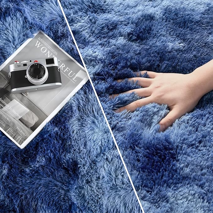 Shag Area Rug, 4 X 6 Plush Fuzzy Rugs for Living Room, Ultra Soft Fluffy Furry Rug for Bedroom, Indoor Carpet Nursery Rugs for Kids Room Home Decor, Tie-Dyed Navy Blue