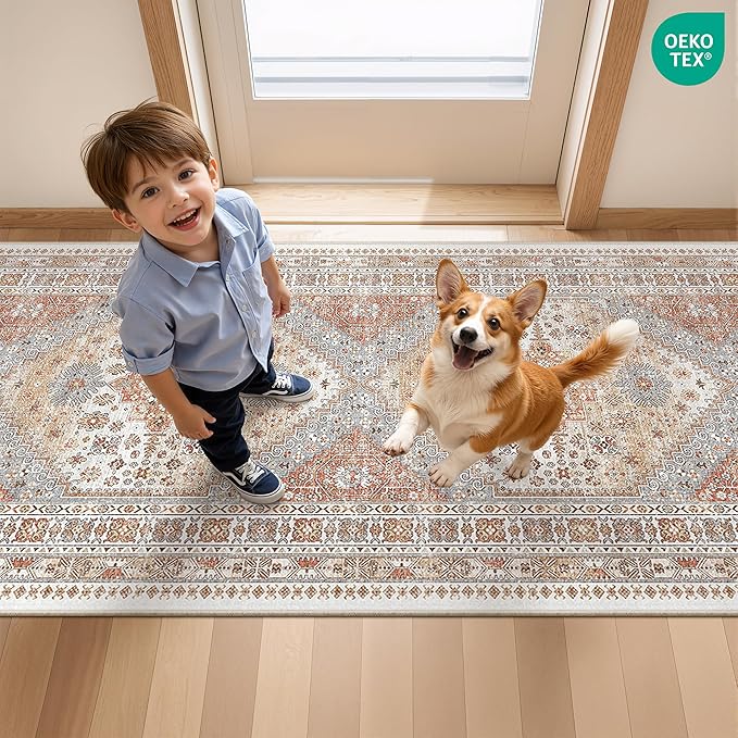4x12 Runner Rug for Hallway, Low-Pile Wide Runner for Entryway, Long Washable Non-Slip Kitchen Rug, Soft Vintage Home Decor Mat for Living, Laundry Room(Orange,4'x12')
