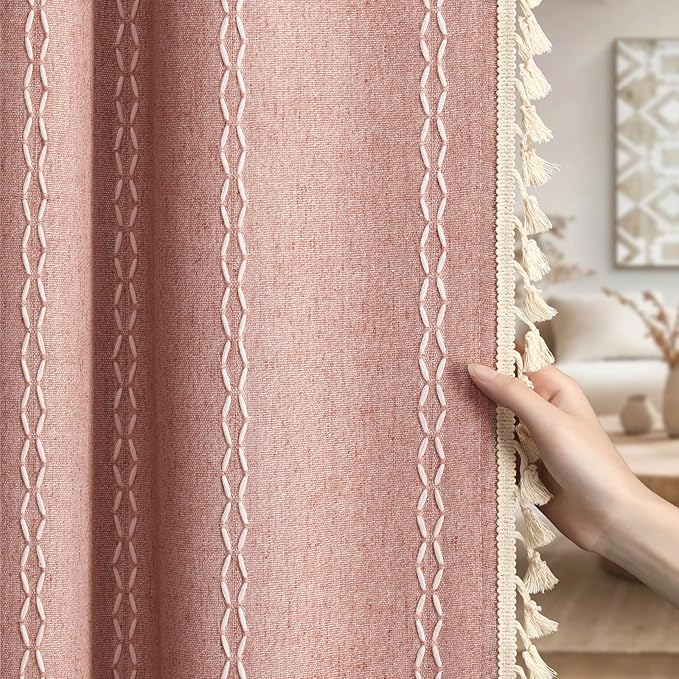 Coral Curtains Boho Blackout Curtains 2 Panels 84 Inch for Living Room Bedroom, Linen Texture Farmhouse Curtains with Tassels and White Cotton Embroidery Vintage Rustic Country Western