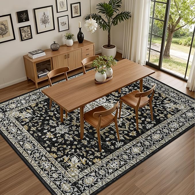 3x5 Area Rugs Living Room Rug: Washable Vintage Boho Medallion Rug No Slip Stain Resistant Soft Carpet Indoor Large Carpets for Bedroom Dining Room Farmhouse Nursery Hallway Home Office Black Gold