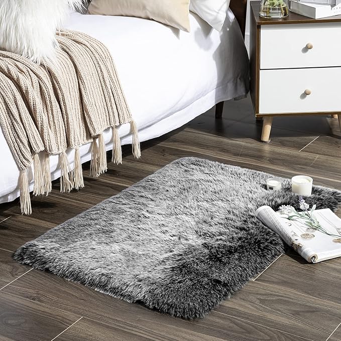 Ashler HOME DECO Soft Fox Faux Fur Chair Couch Cover Area Rug for Bedroom Floor Sofa Living Room Black White Rectangle 2 x 3 Feet