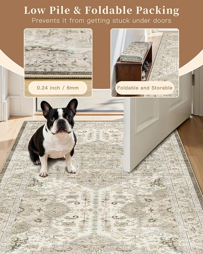 Madane Hallway Rug 3x10, Kitchen Rugs Washable Entryway Rug Vintage Kitchen Runners Non Slip Indoor Area Rug Farmhouse Carpet Runner for Bathroom Living Room Bedroom, Ivory/Brown
