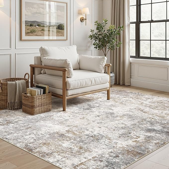 UERMEI 6x9 Area Rug Living Room Rugs - Washable Neutral Modern Abstract Soft Thin Large Rug Indoor Floor No Slip Rug Carpet for Bedroom Under Dining Table Home Office Decor - Brown Grey