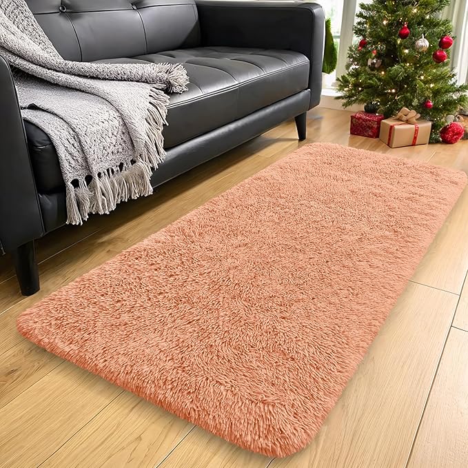 OLANLY 2x4 Machine Washable Runner Rugs for Hallway, Soft Fluffy Shaggy Bedside Rugs for Bedroom, Living Room, Indoor Floor Carpet for Kids Girls and Boys, Home Decor Aesthetic, Muted Orange