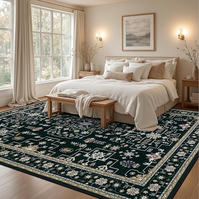 Area Rugs 10x14 Living Room Rug: Washable Rug Soft Vintage Boho Medallion Carpet Indoor Floor Non-Slip Stain Resistant Large Carpets for Bedroom Dining Room Farmhouse Nursery Home Office Black