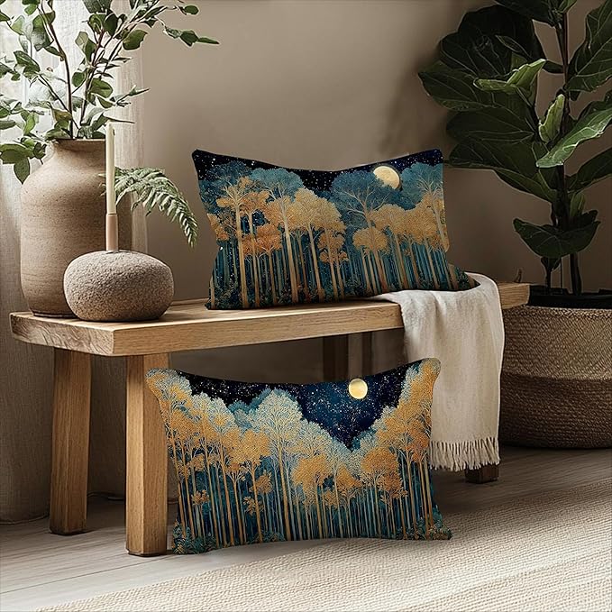 Rustic William Morris Inspired Gold Forest Moon Pillow Covers 12x20 Set of 2,Vintage Black and Gold Botanical Moon Nature Landscape Decorative Throw Pillow Covers for Home Bedroom Living Room