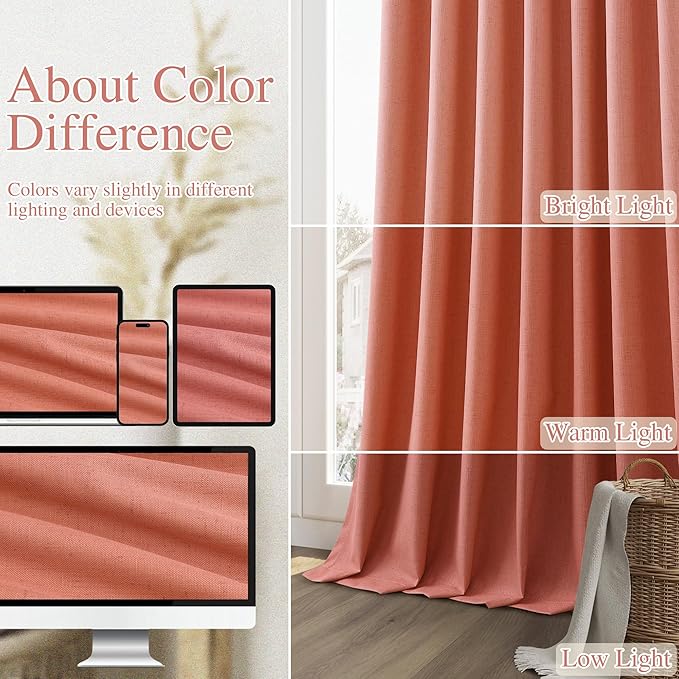 Guken 100% Blackout Curtains 90 Inch Length 2 Panels Set for Living Room Bedroom Back Tab Thermal Insulated Black Out Linen Drapes Room Darkening Coral,52x90