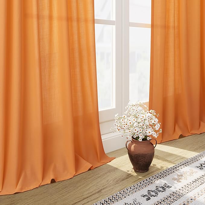 Nanspring Orange Linen Blend Drapes 84 Inch Length 2 Panels Set Back Tab Rod Pocket Light Filtering Privacy Semi Sheer Textured Curtains Neutral Farmhouse Decor Curtains for Living Room Bedroom 52x84