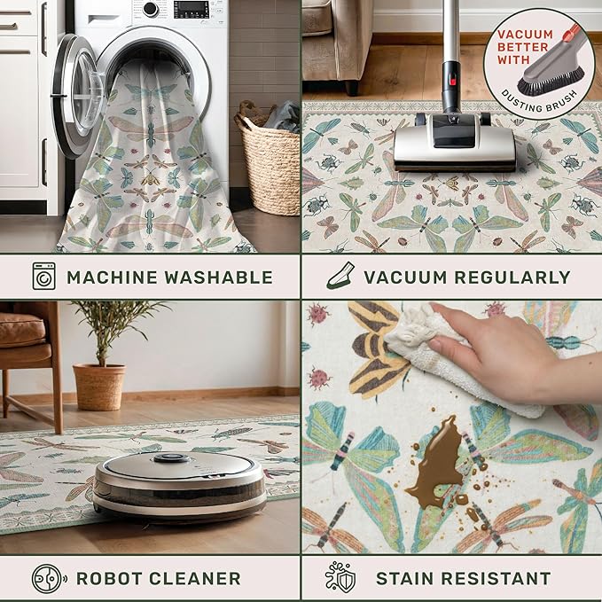 Insect Print 8ft Long Hallway Runner Rug - 2'6''x8' Light Green Rug for Kitchen Floor, Wide Entryway Runner Rug, Washable Non Slip with Rubber Backing, Cool Butterfly Indoor Decor