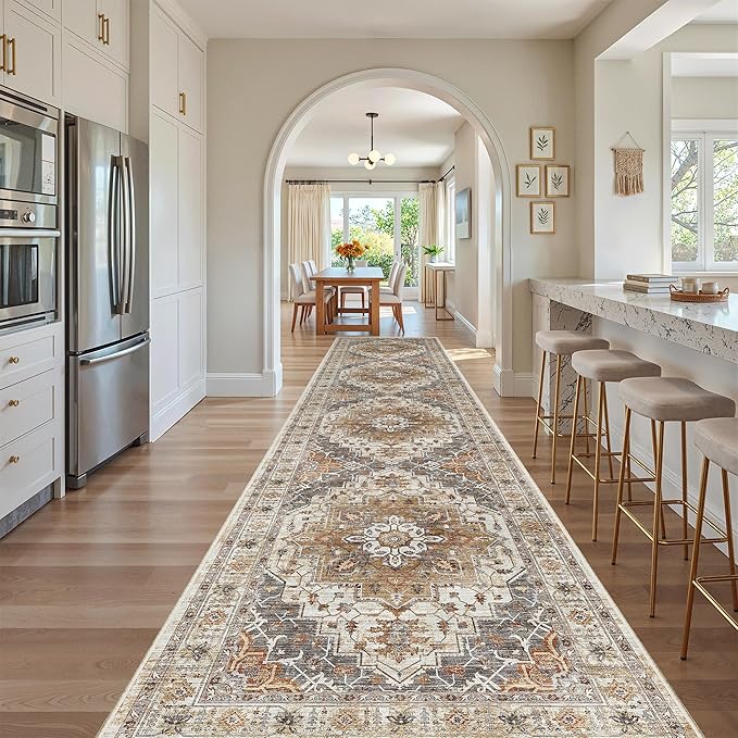 Madane Hallway Runner 3x14 - Runner Rugs 14ft Washable Entryway Rug Vintage Kitchen Runners Non Slip Indoor Area Rug Farmhouse Carpet Runner for Bathroom Living Room Bedroom, Turmeric/Grey
