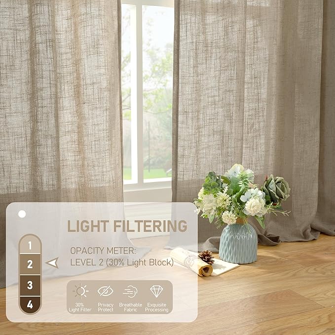 LAMIT Linen Curtains 48 Inch Length 2 Panels, Light Filtering Panels Back Tab and Rod Pocket Country Decor Drapes for Kitchen/Window/Loft Room/Bedroom, 34 x 48 Inch, Taupe