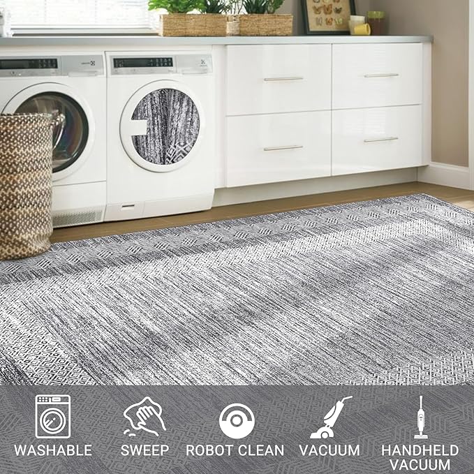 GarveeHome Modern Geometric Area Rug 2x3 Distressed Bordered Washable Non Slip Floor Small Carpet Non Shedding Thin Soft Low Pile Rug, Contemporary Gray Rug for Dining Room, Living Room