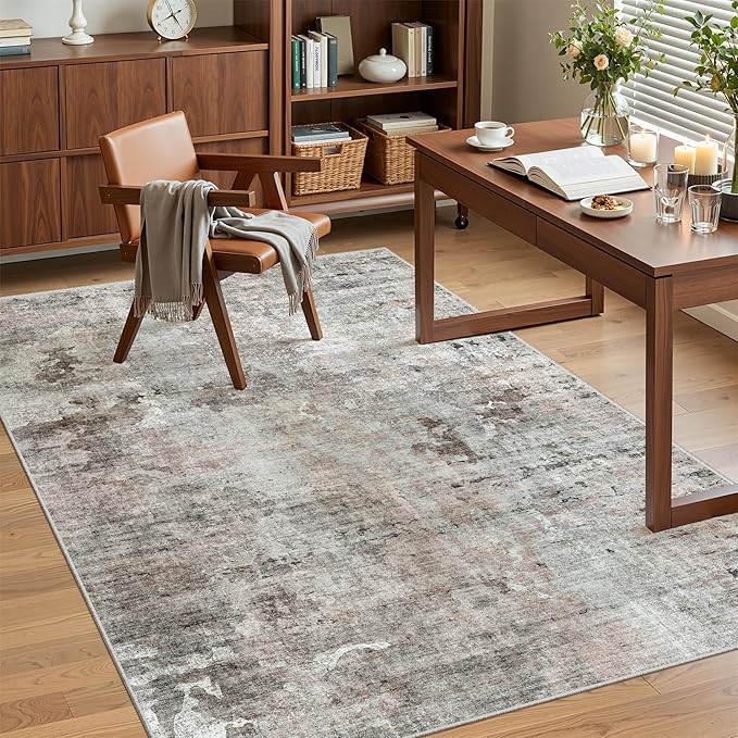 3x5 Rug, Abstract Small Area Rug for Kitchen, Entryway, Machine Washable Non-Slip Throw Rug, Vintage Carpet for Nursery Coffee Table Pink Grey