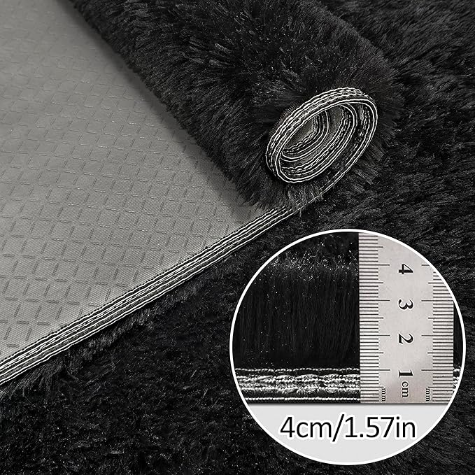 2x8 Bedside Area Rugs for Bedroom Soft Fluffy Shag Black Rug for Hallway Non-Slip Fuzzy Plush Living Room Rug Indoor Floor Carpet for Kids Rooms Dorm Nursery Modern Home Aesthetic Decor