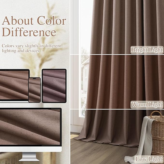 Guken 100% Blackout Curtains 120 Inch Length 2 Panels Set for Living Room Bedroom Back Tab Thermal Insulated Black Out Linen Drapes Room Darkening Mocha Mousse,52x120