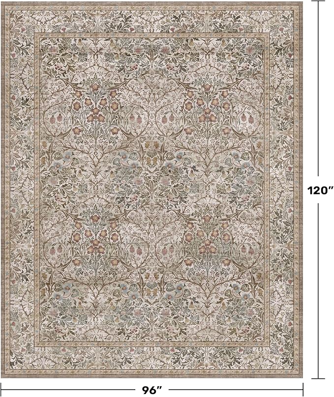 Hazo Haus Vintage Moss Green Living Room Rug, Neutral Taupe 8x10 Washable Area Rugs for Bedroom, Dining Room Rugs Under Kitchen Table, Oriental Low Pile Stain Resistant Non-Slip Large Rug