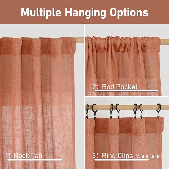 LAMIT Light Filtering Linen Curtains 54 inches Long for Bedroom, Linen Textured Semi Sheer Back Tab and Rod Pocket Terracotta Boho Drapes for Living Room, 2 Panels, 52 x 54 Inch