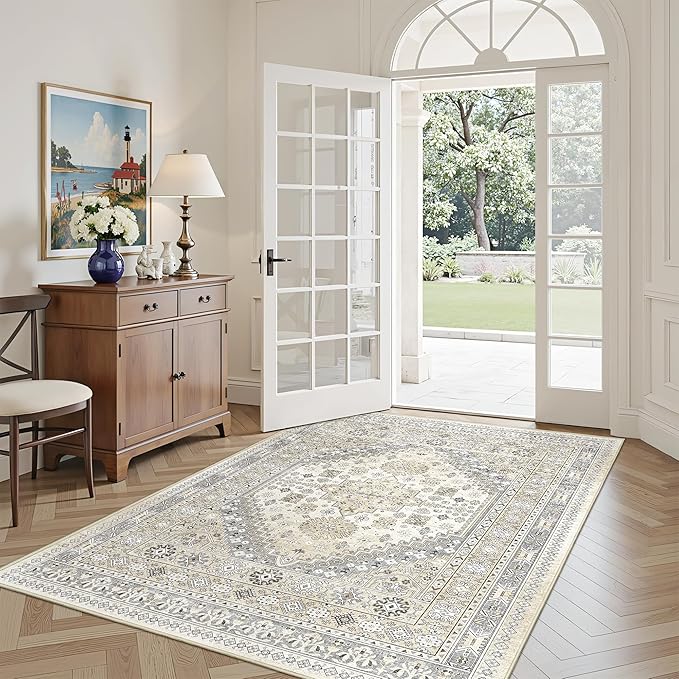 4x6 Area Rugs for Living Room, Non-Slip Backing Small Kids Rugs for Bedroom, Vintage Floral Rug Home Decor, Low Pile Soft Washable Rug for Kitchen, Dining Room (Beige,4'x6')