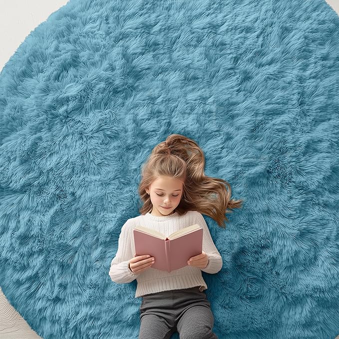 OLANLY Slate Blue Round Rugs for Bedroom - Machine Washable, 7 ft Circle Area Rugs for Living Room, Soft and Fluffy Shaggy Carpet for Teen Girl and Boys, Nursery Rooms, Dorms, Home Decor Aesthetic