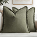 MIULEE Decorative Throw Pillow Covers Neutral Linen Fringe Throw Pillows Set of 2 Olive Green Boho Farmhouse Cushion Covers with Tassels for Couch Sofa Bed Living Room Spring Home Decor 16x16 Inch