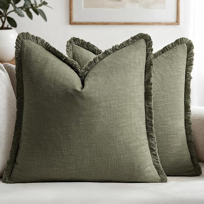 MIULEE Decorative Throw Pillow Covers Neutral Linen Fringe Throw Pillows Euro Shams Set of 2 Olive Green Boho Farmhouse Cushion Covers for Couch Sofa Bed Living Room Spring Home Decor 28x28 Inch