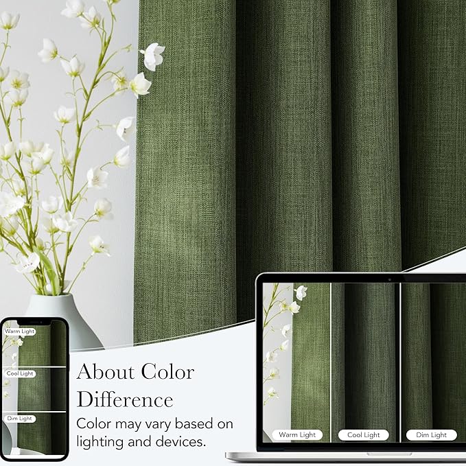 NICETOWN Short Faux Linen Froest Green Blackout Curtains 63 inches Long for Kitchen - Privacy Panels for Living Room Bedroom, Modern Farmhouse Style Easy Care Grommet Top, 2 Panels, W42 by L63